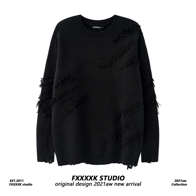 Fxk Original High Street Niche Design Oversized Ripped Tassel Loose Round Neck Knitwear Couple Sweater Fxk Original High Street Niche Design Oversized Ripped Tassel Loose Round Neck Knitwear Couple Sweater