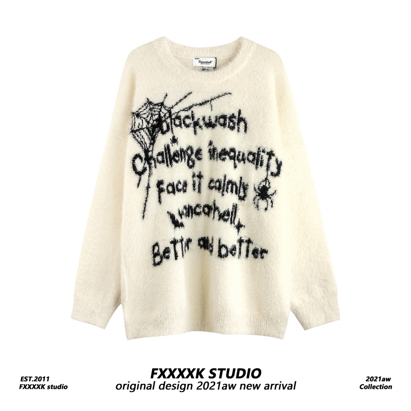 Fxk Original American High Street Yabi Style Spider Embroidery Jacquard Knitwear Loose Couple Mink Fur Sweater