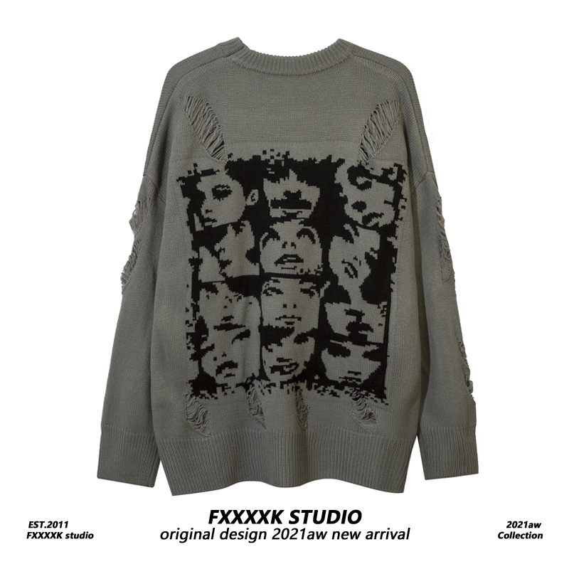 Fxk Original European and American High Street Cool Distressed Y2K Style Loose Couple Sweater Knitwear Autumn Winter Trend