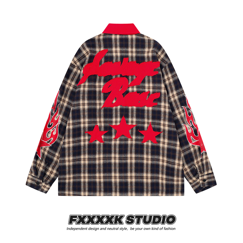 Fxk Original Retro American Fashion Brand Flame Print Embroidered Star Letter Red Lapel Plaid Long-Sleeved Shirt Fxk Original Retro American Fashion Brand Flame Print Embroidered Star Letter Red Lapel Plaid Long-Sleeved Shirt