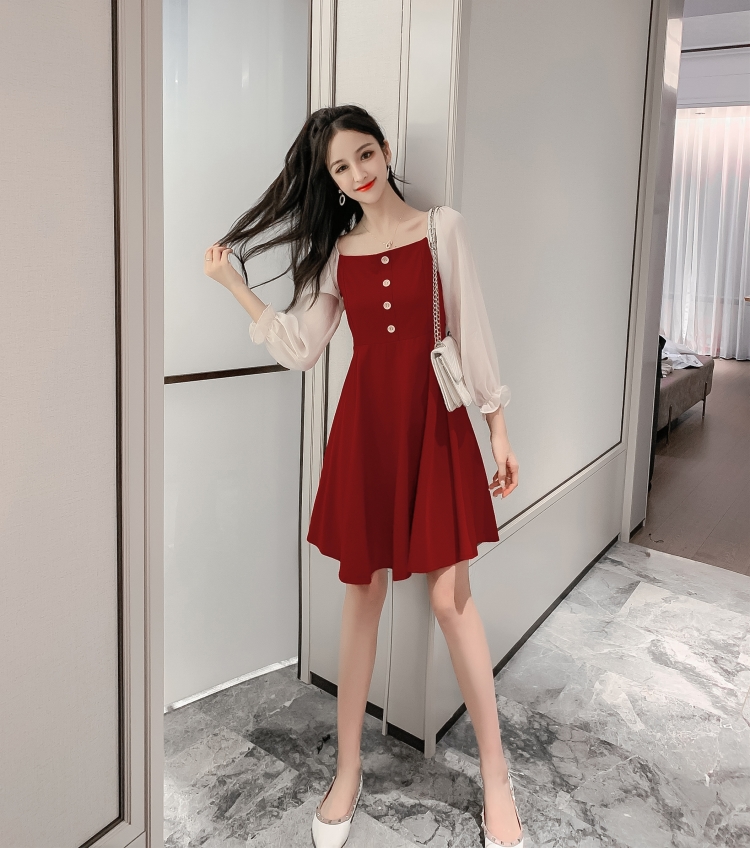 VK旗艦店 韓系復古雪紡荷葉袖拼接氣質收腰長袖洋裝