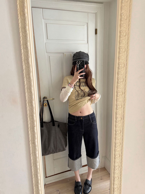 Blossom Rue丨Three-Quarter Length Denim Original Color Cuffed Jeans Versatile Straight-Leg Slimming Rolled Hem Three-Quarter Pants for Women