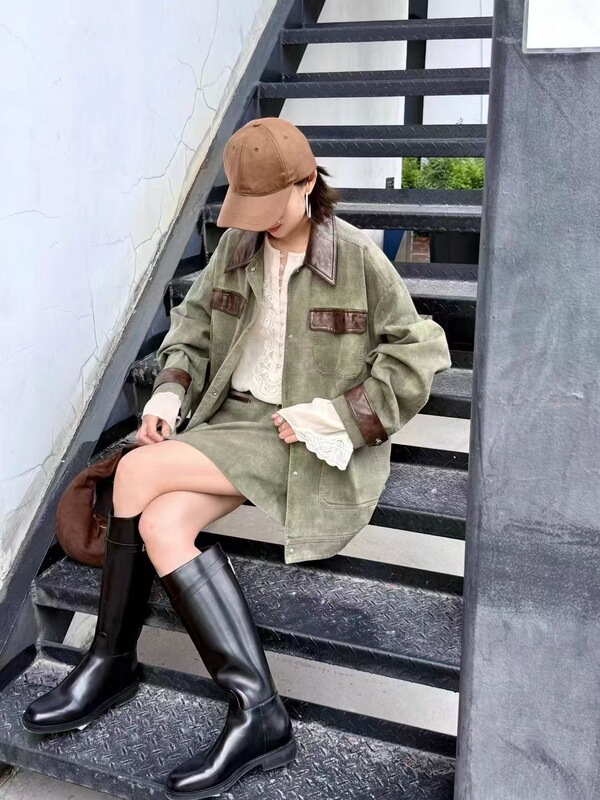 Faefreeandeasy Bipei Chuitian Hunting Four-Pocket Jacket with Oil-Waxed Leather Collar and Patchwork Workwear Style Coat