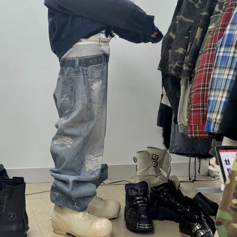 Project G/R24 Fake Two-Piece Prank Underwear 3D Printed Jeans Loose Distressed Unisex Long Pants
