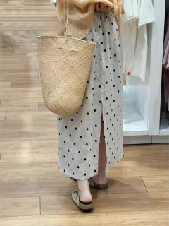 Unique and beautiful temperament polka dot cotton and linen skirt for women summer small slit linen long a-line ramie skirt