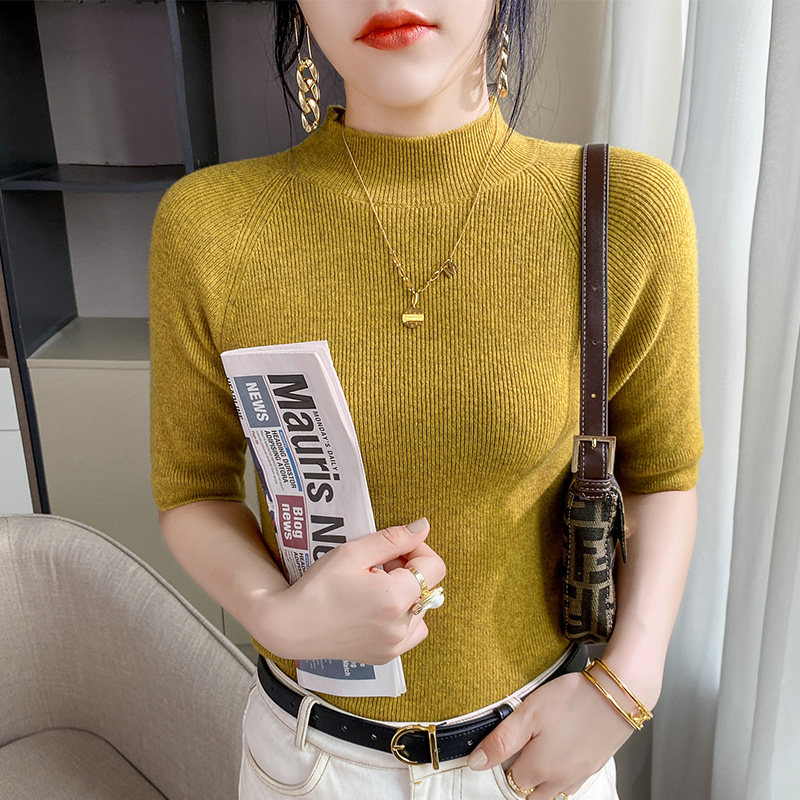 50%-sleeve-knitted sweatshirt woman in spring and autumn with shoulder sleeves and half-height collar slim fit in the middle of the bottom blouse