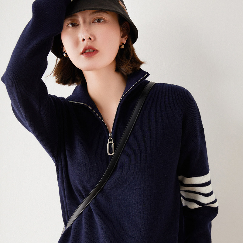 2021 autumn and winter new Korean version wool semi-pull necklace with bottom sweater woman long sleeve loose knitted sweatshirt woman