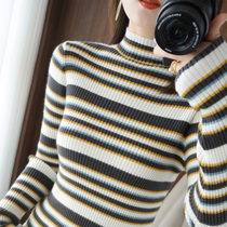 Early autumn new streaks half-high collar cover headbeat bottom long sleeves Knitted Sweatshirt Woman Thin sweaters slim fit for a long time