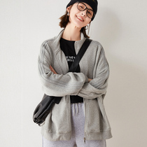 womens trendy spring and autumn 2021 loose korean style three bar jacket stand collar hooded top with zip sweater