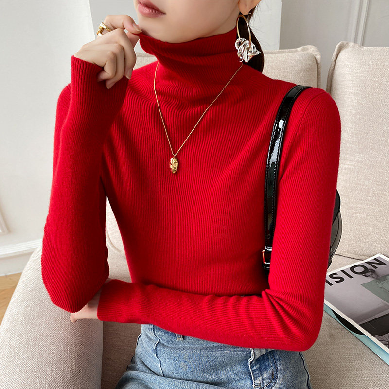 High collar cover headlong sleeves bottom stitch cardiovert woman high collar sweater slim fit 100 lap warm inner hitch