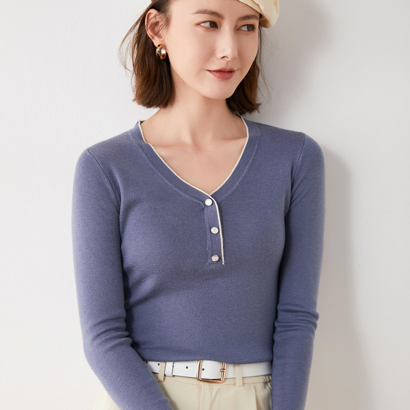Early autumn slim fit fine spinning wool knit undershirt feminine body temperament white cover sweater pure color inner lap