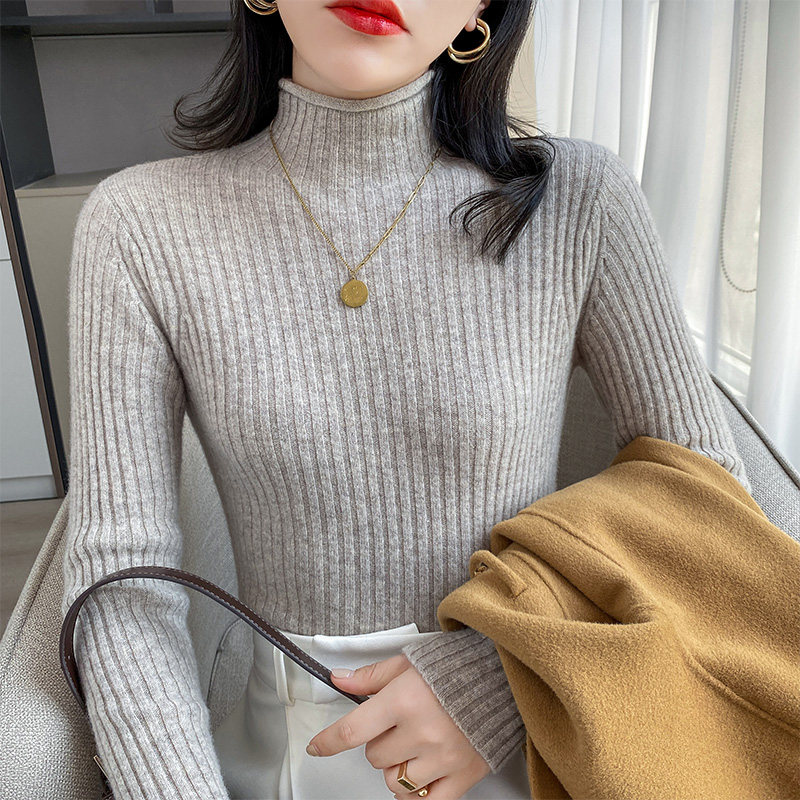 Middle collar sleeve head long sleeve bottom sweater woman short section pure color swarm and warm minimalist approbé sweater semi-high collar knit