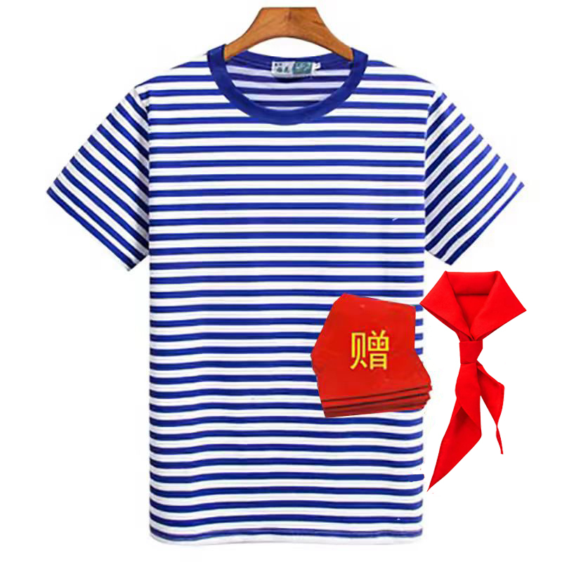 Pure Cotton Sailor Shirt Short-Sleeved Loose Cotton T-Shirt Blue and White Striped Sailor Uniform for Men and Women Couple Outfit Class Uniform Work Uniform