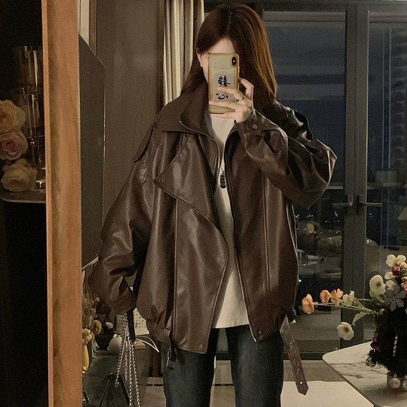 American Retro Brown Leather Jacket for Women, Spring and Autumn 2026 New Style, Loose Fit, Slimming, Versatile Pu Leather Jacket, Trendy