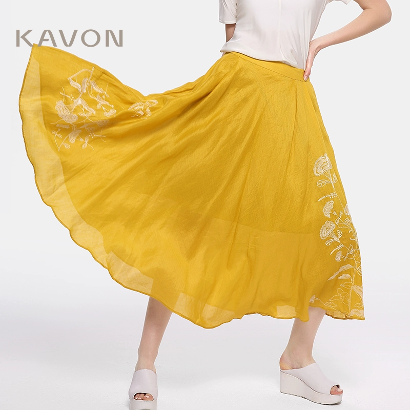 Kavon / Kawen xuân và hè mới Pháp thêu váy hoang dã giản dị ramie mỏng vừa và váy dài - Váy