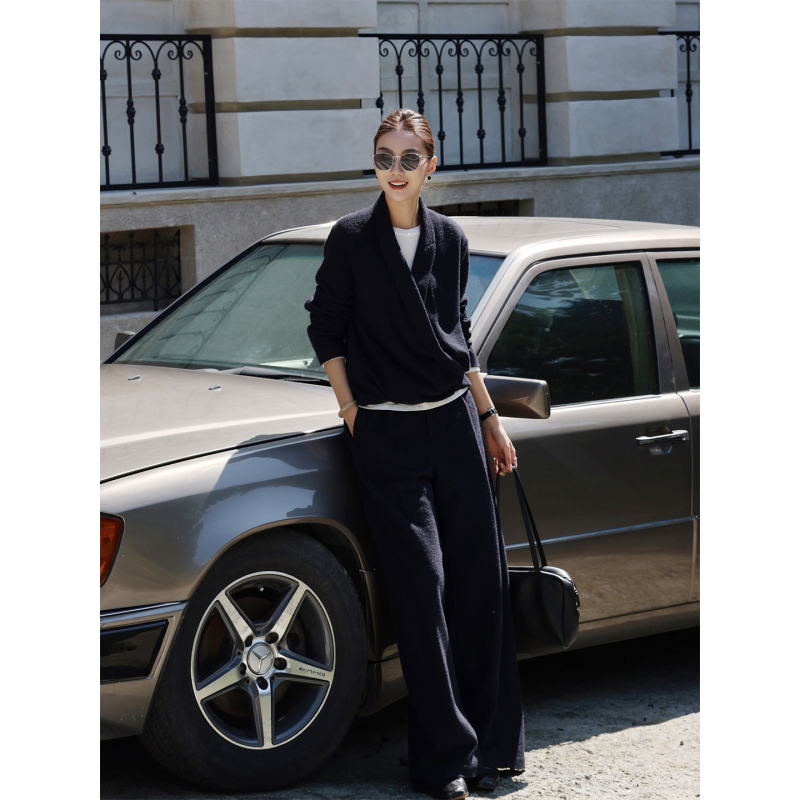 Zhou Zhou [Ulanbator] 2026 Autumn New Navy Blue V-Neck Cross Short Jacket Wide-Leg Pants Suit for Women