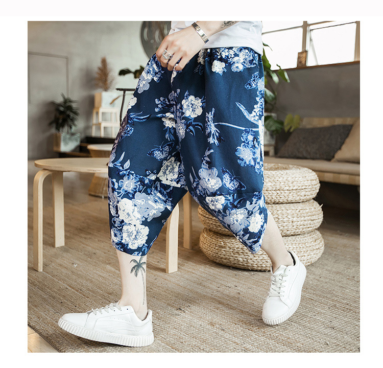 Quần lửng nam mùa hè cotton crop top sọc quần harem quần ống rộng Nepal quần short nam xu hướng - Quần short jean nam