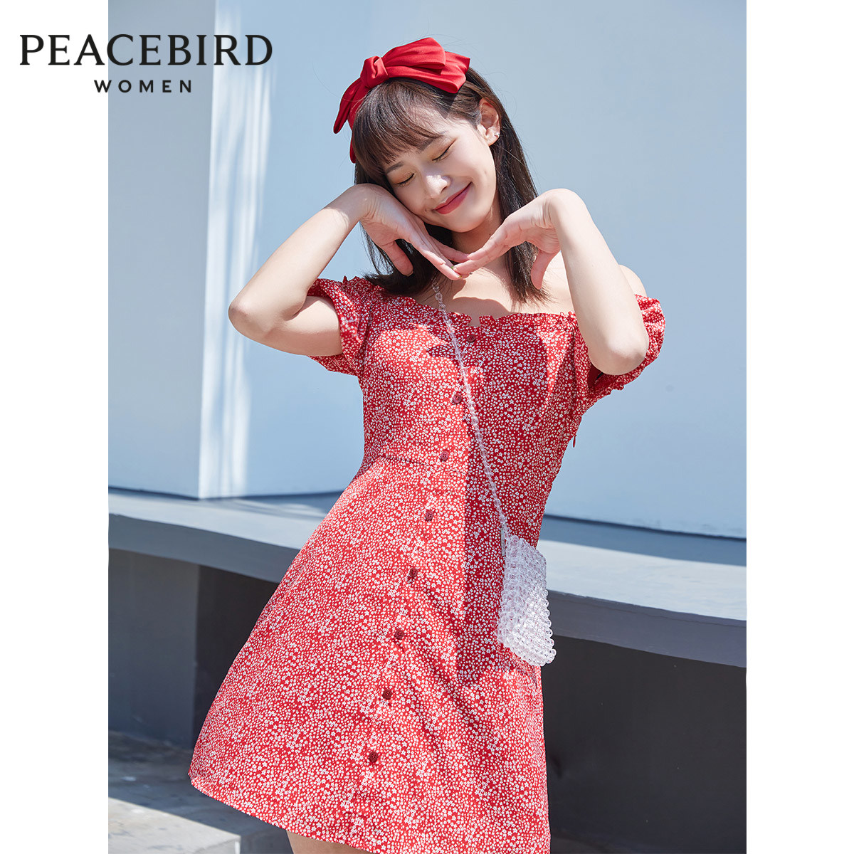 (Shopping mall same) Taiping bird high waist 2020 Summer new girl line printed dress A5FAA2255