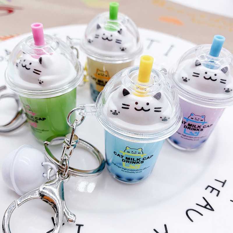 Cat Milk Tea Cup Milk Cap Keychain Oil-Filled Drift Bottle Milk Tea Cup Milk Bottle Bubble Tea Creative Pendant