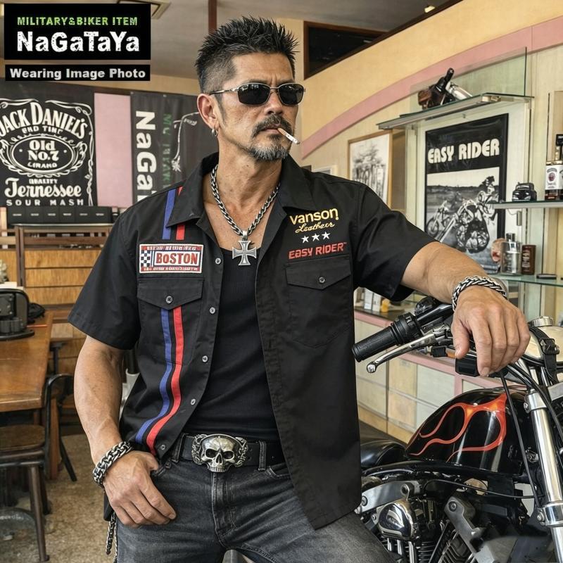Va*Son Retro Motorcycle Easy Rider Collaboration Heavy Embroidery Workwear Short-Sleeve Shirt