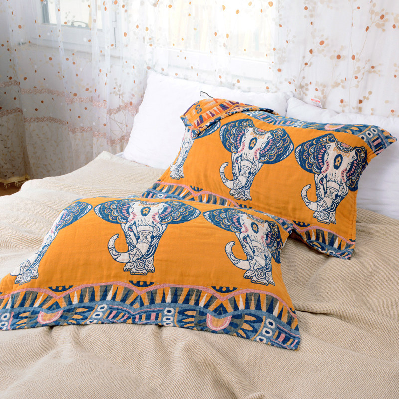 New thickened cotton four-layer gauze blue green yellow light luxury adult single pillow towel pair does not fade