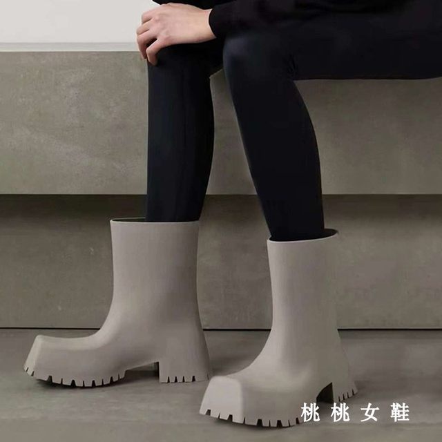 Paris square toe rain boots ins trend 2024 new niche design ugly shoes short tube thick sole waterproof rain boots women's fashion