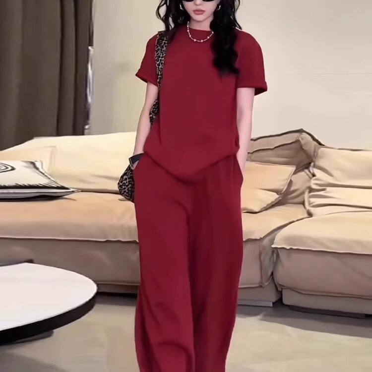 Hong Kong Style High-End Casual Sports Suit for Women, Spring Thin Loose Slimming Short-Sleeved High-Waisted Wide-Leg Pants Two-Piece Set