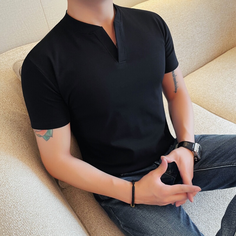 V-Neck Short-Sleeve T-Shirt for Men, Summer 2026 New Style, High-End, Cool and Trendy, Pure Cotton, Slim Fit, Henry Collar Half-Sleeve T-Shirt V-Neck Short-Sleeve T-Shirt for Men, Summer 2026 New Style, High-End, Cool and Trendy, Pure Cotton, Slim Fit, Henry Collar Half-Sleeve T-Shirt