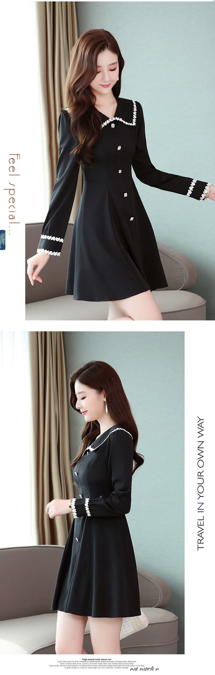 VK旗艦店 韓國風修身氣質時尚大翻領名媛長袖洋裝