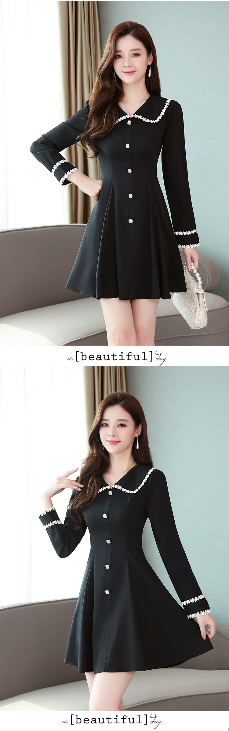 VK旗艦店 韓國風修身氣質時尚大翻領名媛長袖洋裝