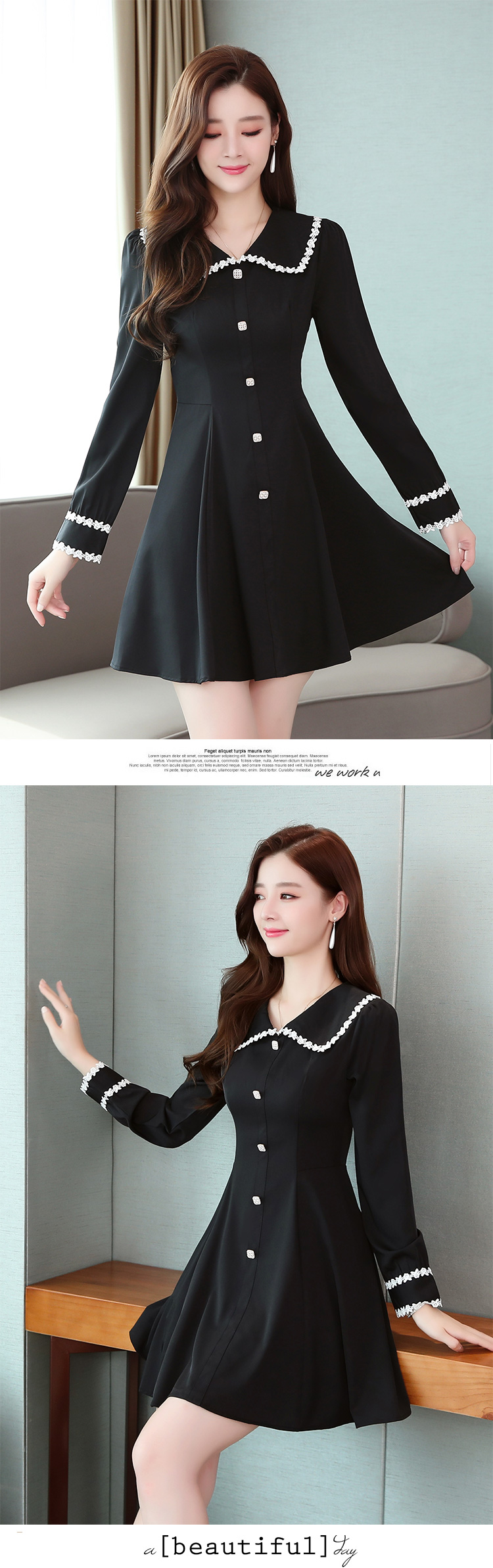 VK旗艦店 韓國風修身氣質時尚大翻領名媛長袖洋裝