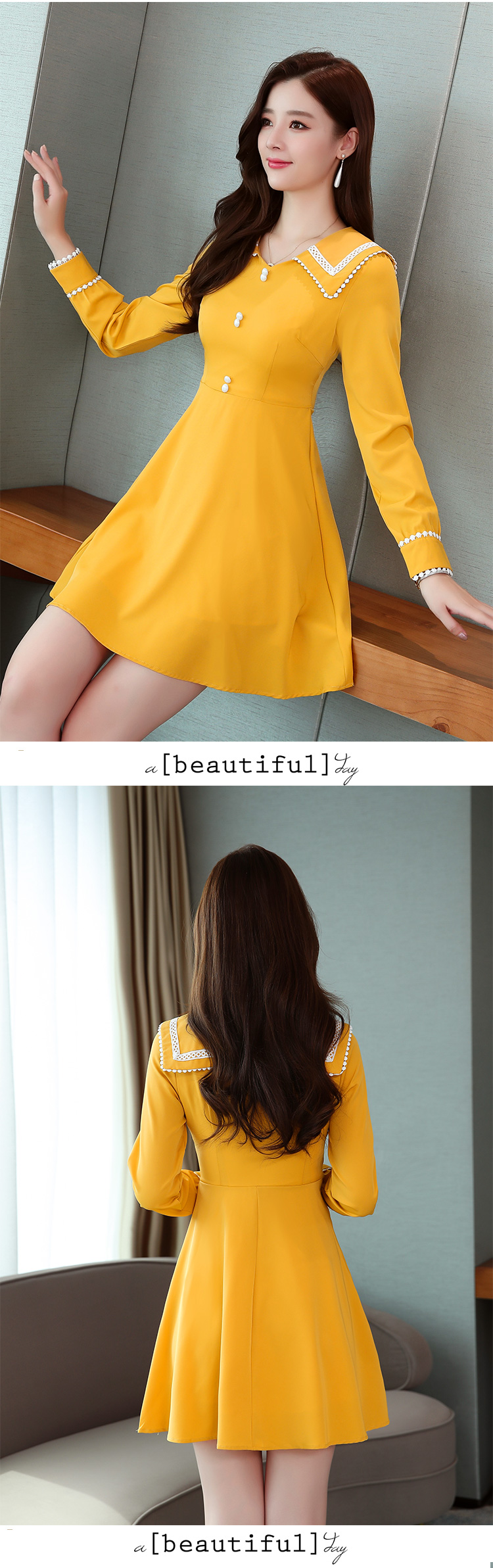 VK旗艦店 韓國風大翻領氣質修身顯瘦長袖洋裝