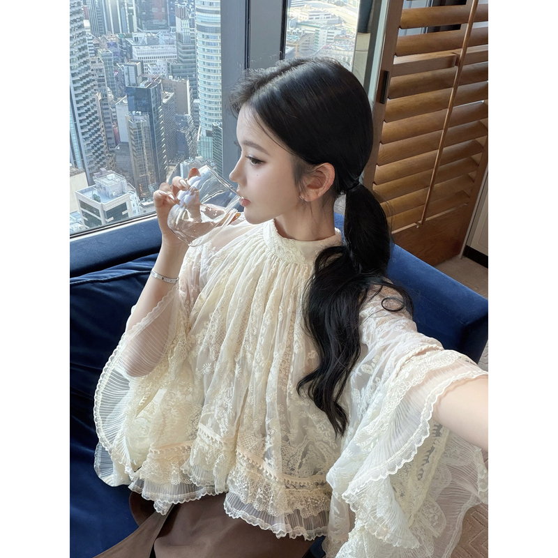 Jayky Yang【Romantic Champs-Élysées】Embroidered Lace Design Top with Half-High Collar, Waist-Cinching, Long-Sleeved Chiffon Shirt
