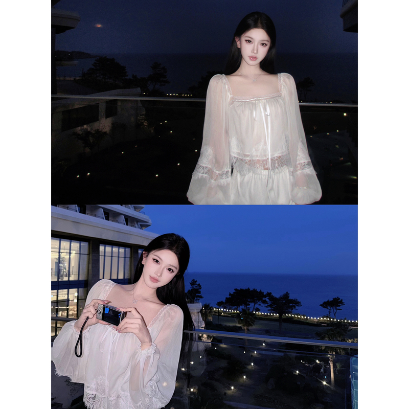 Jayky Yang【Midsummer Holiday】French Square-Neck Lantern Sleeve A-Line Top Lace-Up Long-Sleeve T-Shirt