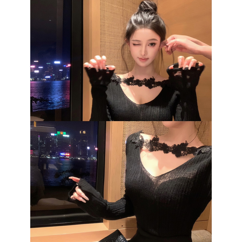 Jayky Yang【Heartbeat Guide】Mohair Lace V-Neck Knit Sweater for Women with Patchwork Ribbed Waist-Cinching Top