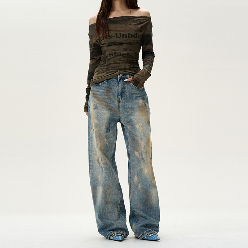 Tailang's Shop American High Street Style Relaxed and Laid-Back Pants for Men with a Sense of Design, High-End Feel, Wasteland Style Splatter Denim Jeans