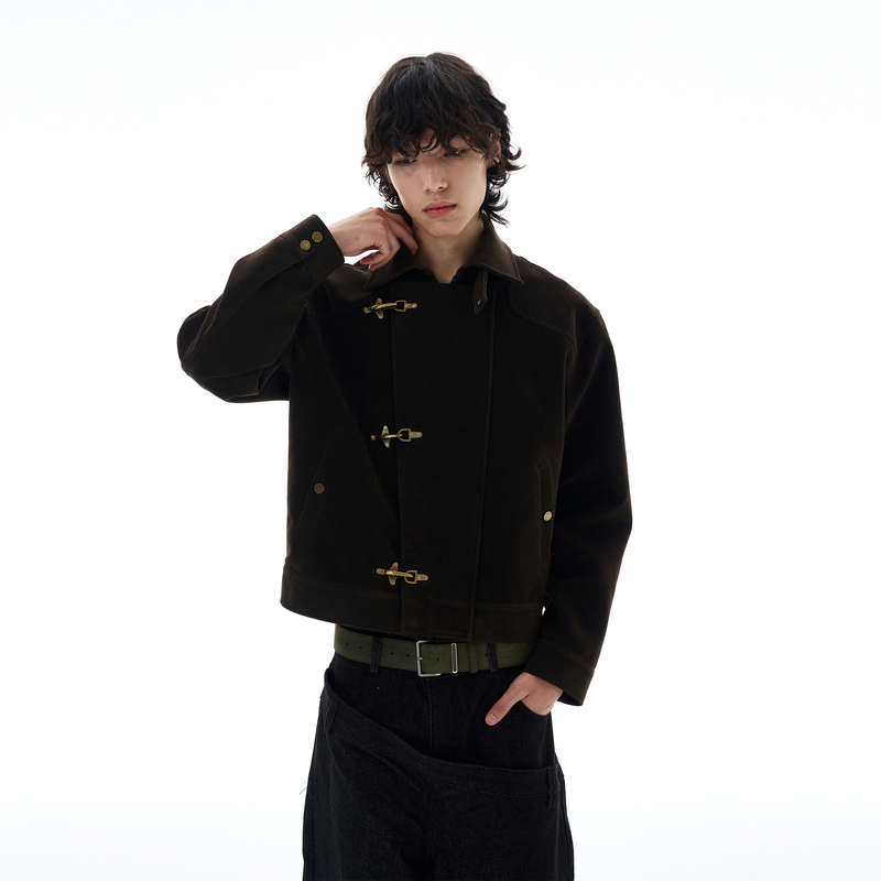 Tailang's Shop Autumn American Retro Airplane Buckle Suede Jacket for Men, High-End Cool Brown Coat, Trendy for Couples