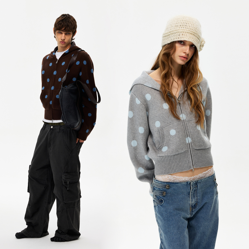 Tailang's Shop Autumn and Winter American Retro Polka Dot Hooded Sweater Jacket Unisex Design Zipper Knitwear Couple