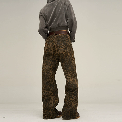 Магазин Weilang's, китайская мода, уличные брюки в стиле ретро в американском стиле, модный мужской бренд, красивые мужчины, популярные уличные нишевые джинсы с леопардовым принтом для пар