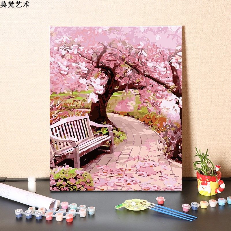 数字油画diy手工填充浪漫唯美樱花道路手绘涂色减压丙烯油彩画画-淘宝