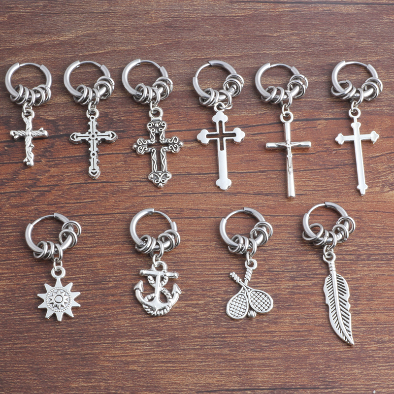 Japanese and Korean personality ear acupuncture men's single creative titanium steel cross earrings hipster student street earrings female long version