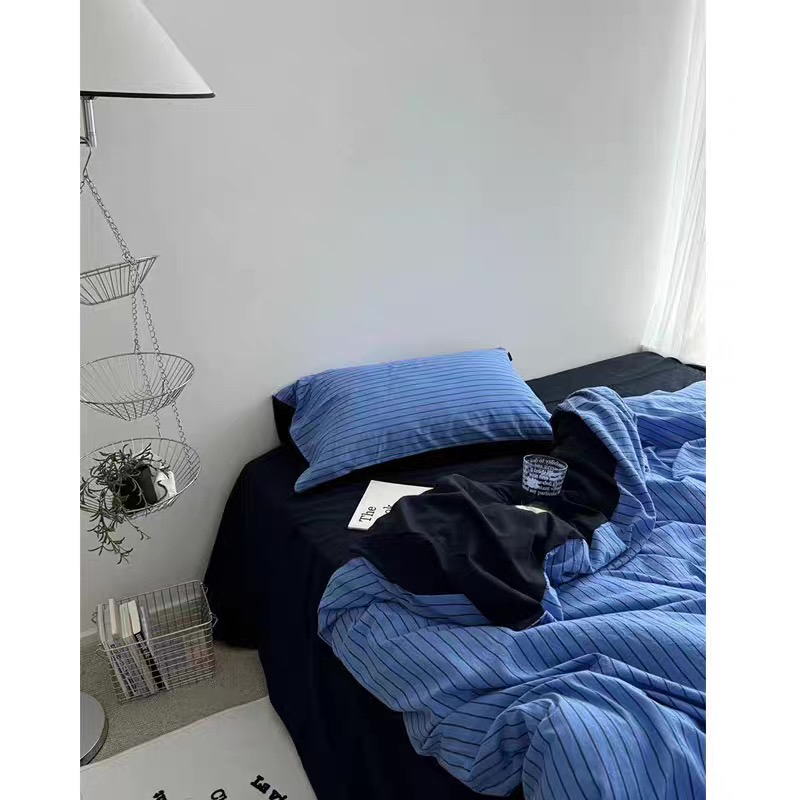 Moon Observer Nick/Ins Korean Blue Striped Washed Cotton Bed Sheet Four-Piece Set Pure Cotton Duvet Cover Three-Piece Set