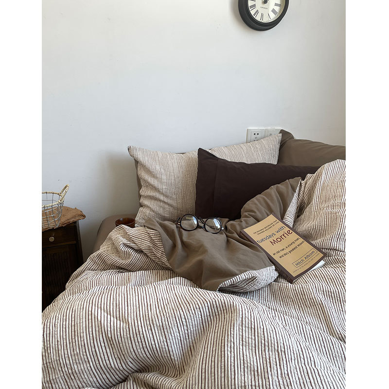 1973 Feinini/Industrial Style American Industrial Color-Woven Thick-Line Cotton Bed Sheet Set of Four Pieces