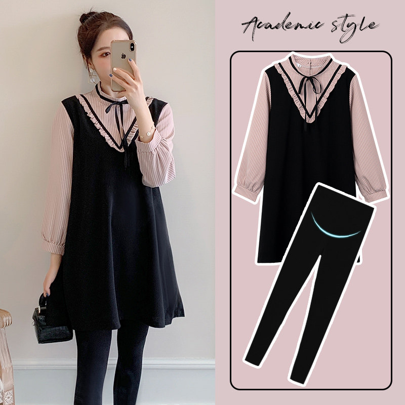 Pregnant women autumn dress suit fashion style long-sleeved striped top women's net red foreign style trendy mom loose mid-length