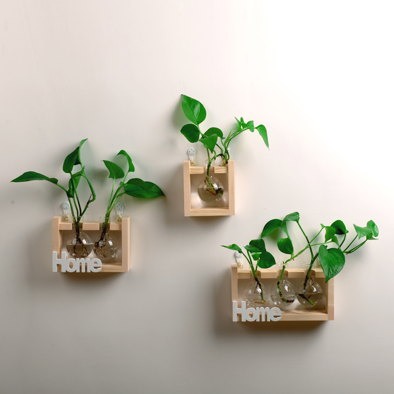 Creative hydroponic plants Transparent wooden frame vase Desktop small fresh container Living room modern decoration ornaments Pendant