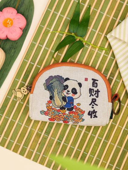 原创国潮大熊猫棉麻零钱包迷你小女学生卡通随身拉链小钱包口红包