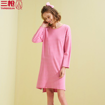Three gun pajamas women Autumn home long dress colored strip elastic cotton round neck long sleeve female nightgown Living Youth 70348