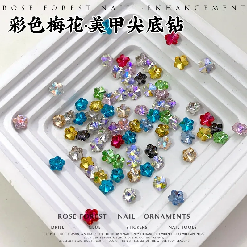 Spring Pomelo Colored Plum Blossom Pointed-Back Rhinestone Nail Art Decorations K9 Glass Large and Small Five-Petal Flower Nail Rhinestones Nail Accessories Rhinestones