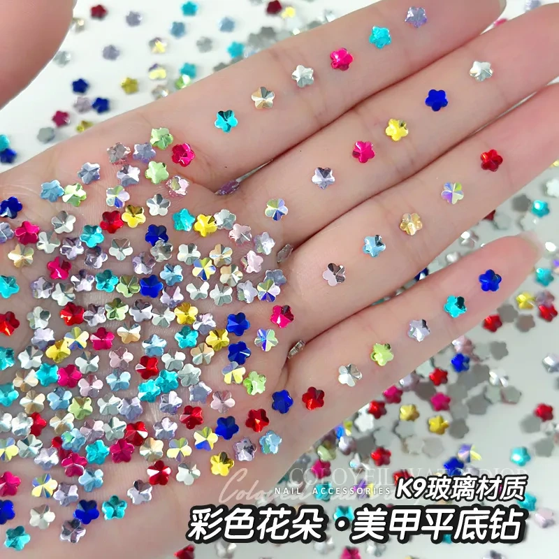 Colorful Flower Flat-Back Rhinestones for Nail Art, Sparkling Small Plum Blossom Five-Petal Flower Pink K9 Glass Rhinestones for Nail Decoration