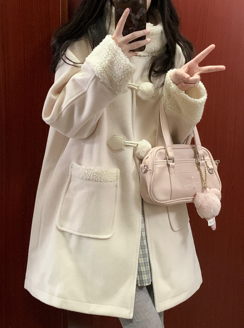 Mid-length preppy style red hooded woolen coat